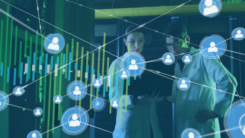 Diverse Scientists Analyzing Data in Server Room with Networking Graphics