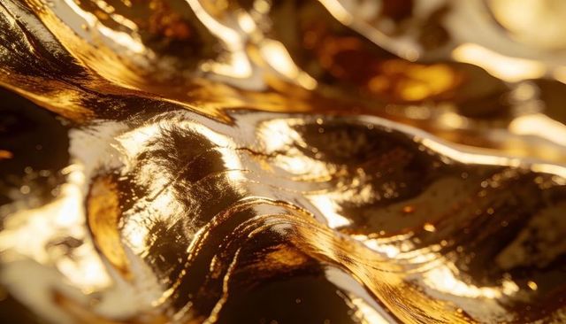 Shimmering molten gold macro close-up, glossy metallic ripples and tiny droplets