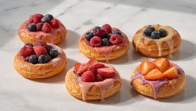 Assorted glazed puff pastry tarts featuring fresh strawberries raspberries blueberries