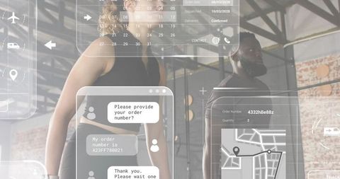 Fitness Partners Posing in Industrial Gym with Augmented Reality Chat and Map Overlay