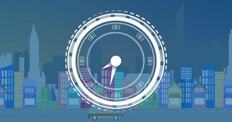 Analog gauge overlay on urban cityscape with modern skyscrapers