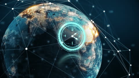 Digital Clock and Connected Globe Illustrating Global Networking