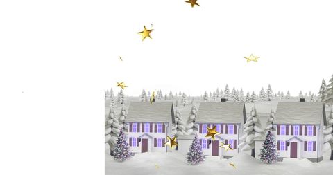 Whimsical Christmas Scene with Snow-Covered Houses and Stars