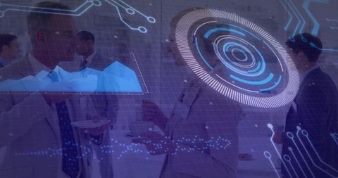 Business professionals networking with futuristic data overlay