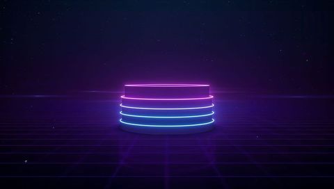 Neon synthwave podium glowing magenta cyan rings on retro futuristic grid minimalist