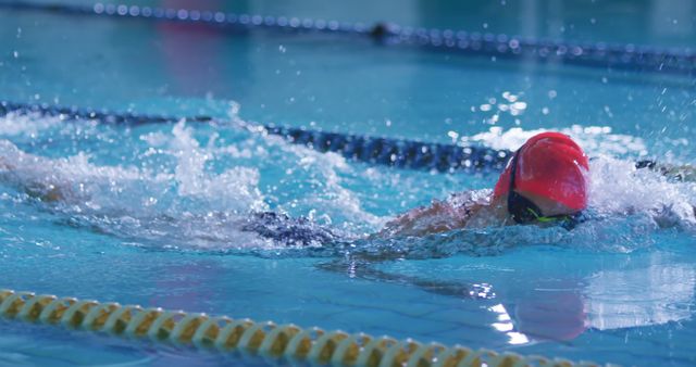 Professional Swimmer in Pool Wearing Red Cap and Goggles - Download Free Stock Images Pikwizard.com