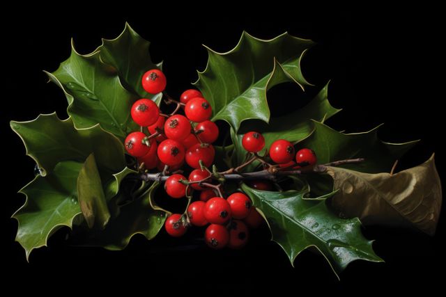 Holly sprigs with red berries and glossy green leaves arranged against a black background. Perfect for use in holiday greeting cards, festive decoration ideas, winter season promotions, and nature-themed designs.