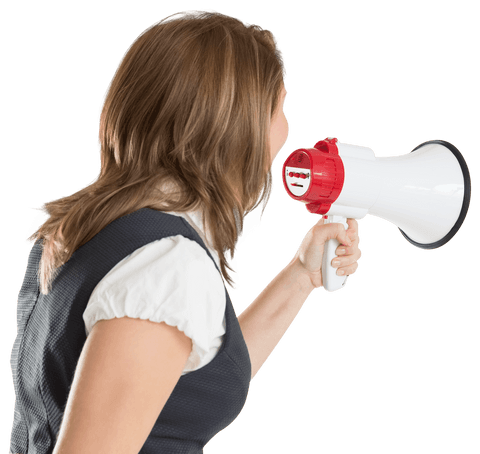 Caucasian businesswoman yelling with megaphone isolated transparent