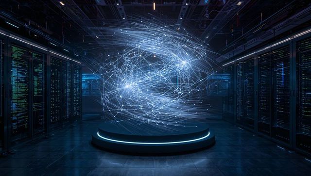 Holographic Network Sphere in Data Center Symbolizing Connectivity