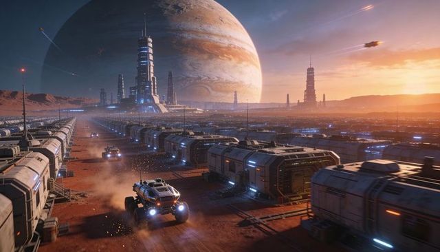 Rover convoy traversing red exoplanet colony with modular habitats under looming gas giant