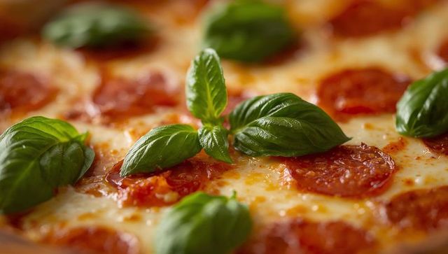 Sizzling pepperoni pizza with fresh basil and melted mozzarella