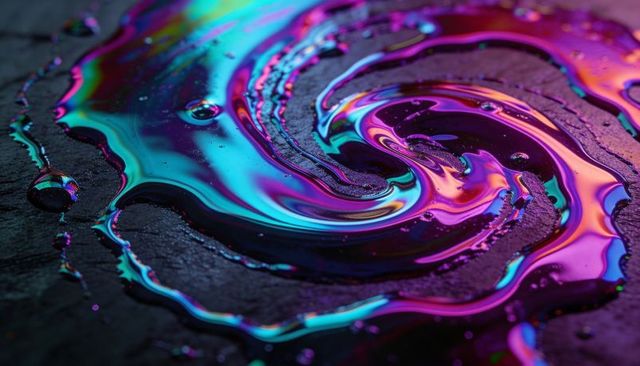 Shimmering iridescent neon liquid swirl on dark surface, glossy macro vortex