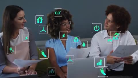 Team Collaborating on Sustainability Metrics with Animated Eco Icons Over Laptop Video