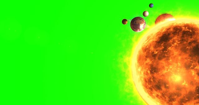 Half of burning sun with system of planets on green background. Space, universe, cosmos and astrology.
