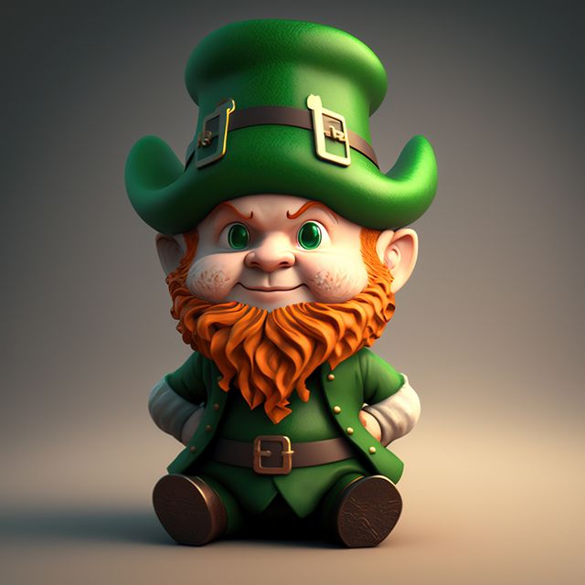 This 3D rendering depicts a cheerful leprechaun character with a striking red beard and a classic green outfit. Perfect for use in St. Patrick's Day promotions, Irish folklore themed projects, or as a whimsical addition to any fantasy-related content. The detailed rendering makes it suitable for children's books, animations, or game assets.