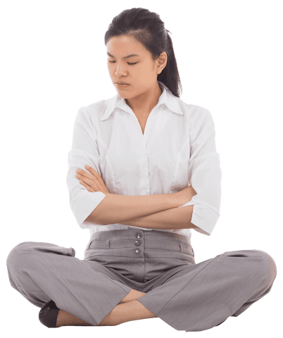 Transparent image of grumpy businesswoman sitting cross-legged