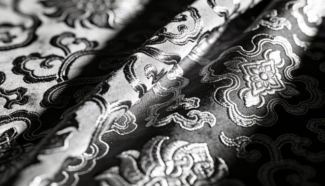 Silk brocade jacquard fabric catching light, embroidered arabesque motifs and satin texture