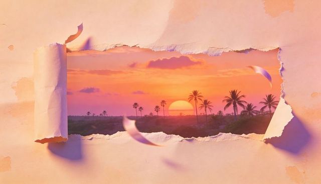 Torn paper window revealing tropical sunset over palm silhouettes on peach paper