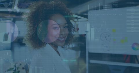 Smiling Businesswoman with Infographic Overlay, Global Finance Concept