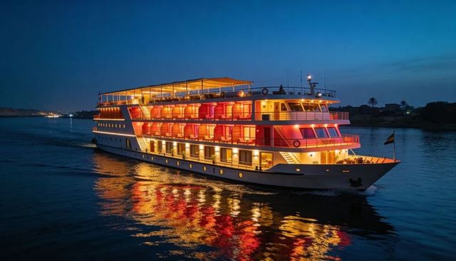 Cruising luxury river ship glowing at dusk with illuminated decks and mirror reflections