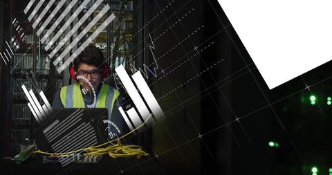 It engineer analyzing data by computer servers