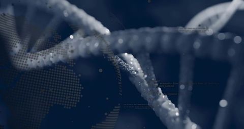 Showcasing digital dna double helix with dotted world map overlay, futuristic biotech