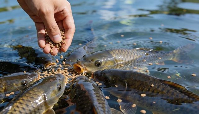 Hand feeding carp pellets attracting hungry pond fish under sunlit ripples closeup