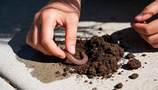 Curious child hands holding millipede over moist soil on sunlit patio closeup