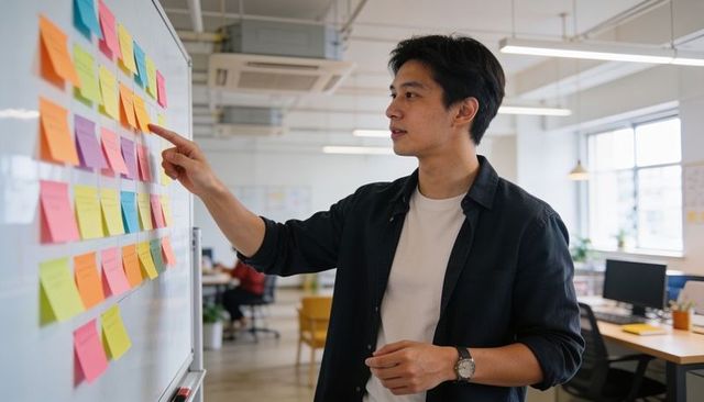 Asian man pointing at colorful sticky notes on whiteboard during team planning in modern office