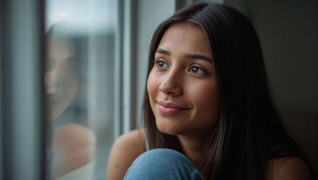 Serene young woman gazing through window with reflection, soft daylight and denim knee