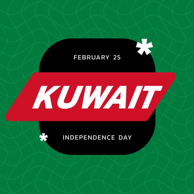 Graphic showcasing Kuwait's Independence Day with bold red text set against a detailed green background and distinct symbols. Perfect for use in social media posts, event invitations, banners, and promotional materials to celebrate Kuwait's national holiday, highlighting national pride and patriotism in the Middle Eastern country.