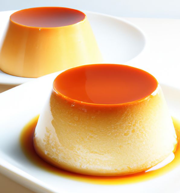Close-up view of a creamy and delicious flan topped with a golden caramel glaze on a white plate. This image can be used for illustrating cooking blogs, restaurant menus, culinary articles, recipe books, or dessert advertisements.