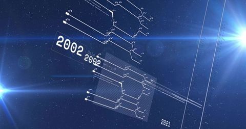 Displaying futuristic data bracket HUD with timeline nodes, circuitry and cosmic flares