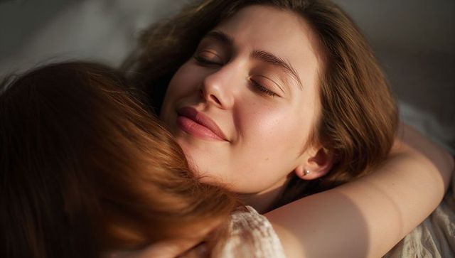 Sunlit mother receiving tender hug from child, closeup warm family bonding intimate moment