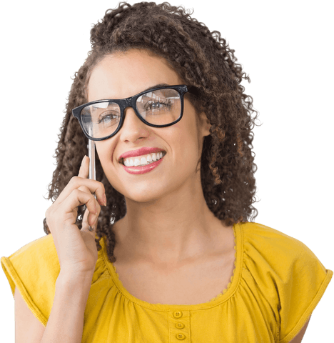 Joyful woman choosing conversation over the phone with confidence in her new glasses