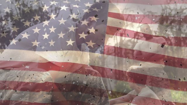 American soldier tying shoelace under falling confetti overlaid with American flag. Ideal for themes of patriotism, national pride, honoring service members, military celebrations, and Fourth of July.