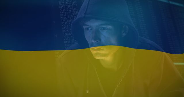 Image depicting a serious Caucasian male hacker through an overlay of the Ukrainian flag signifies issues related to cyber warfare and international political crises. Useful for illustrating topics connected to digital threats, data security compromises, cyber warfare impacting Ukraine, international politics, espionage, modern surveillance techniques, and responding to cyber attacks. Perfect for news articles, cybersecurity forums, digital security consultancy websites, and educational materials on political instruction.