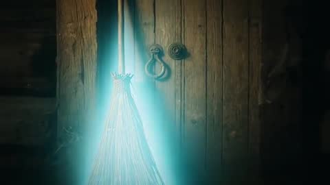 Glowing Broom Illuminated by Mysterious Light Beam Against Rustic Door