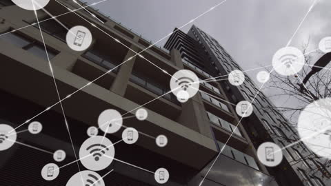 Futuristic Network of Digital Icons Overlaid on Urban Architecture