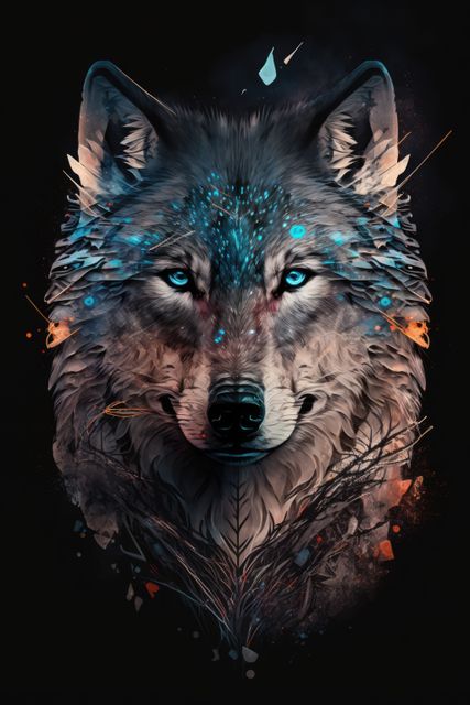 Majestic wolf portrait in abstract, mystical design features striking blue eyes. Perfect for fantasy art, wildlife concept blogs, modern art displays and nature-themed decorations. Great asset for projects required imageries of animals fused with fantasy elements.