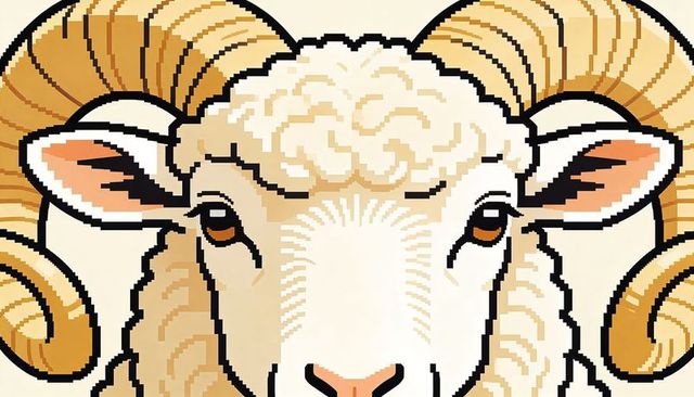 Pixel art ram head with curled striped horns minimalist geometric symmetrical portrait