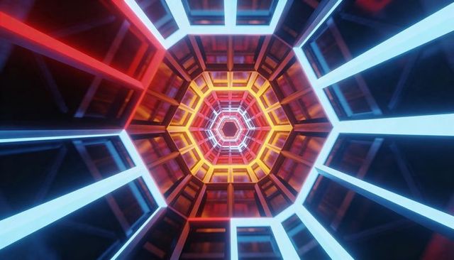 Neon hexagon tunnel pulling eye toward central aperture in futuristic cyberpunk corridor