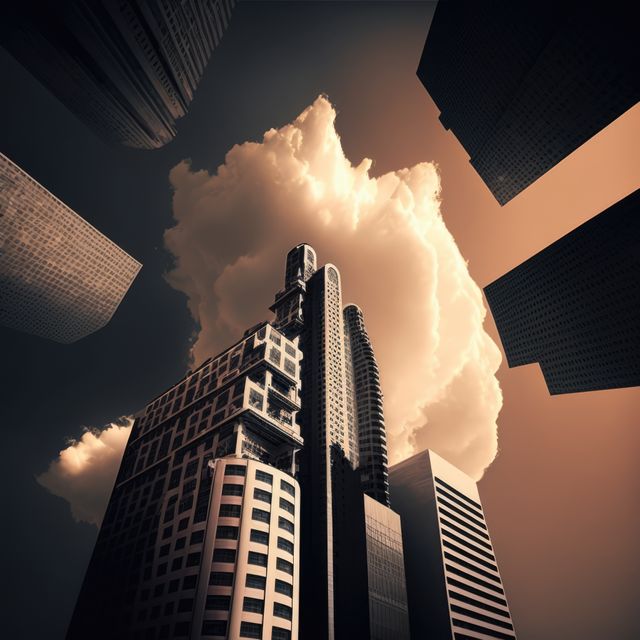 Cityscape of modern skyscrapers over sky and clouds, using generative ai technology. Cityscape, airplanes and modern concept digitally generated image.