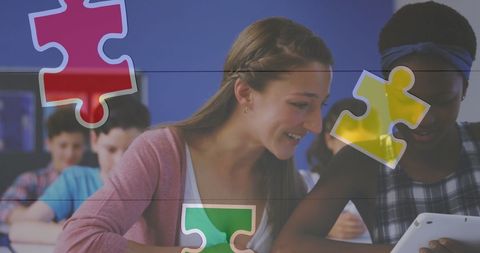 Engaged students collaborating in bright learning environment