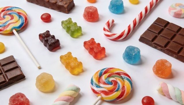 Rainbow candy flatlay featuring lollipops, gummy bears, chocolate bars and gumdrops on white