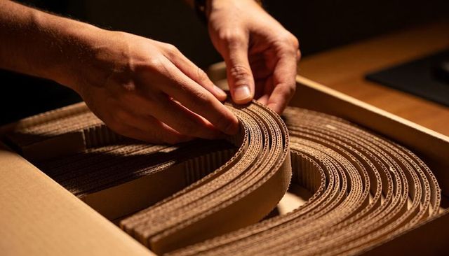 Hands arranging corrugated cardboard coils for sustainable packaging and craft projects