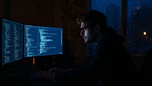 Nighttime programmer coding on dual monitors with focused expression and blue screen glow
