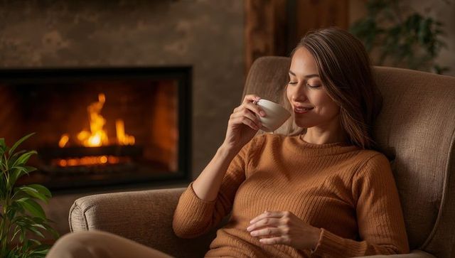Woman savoring hot cup by fireplace, cozy living room relaxation and warmth