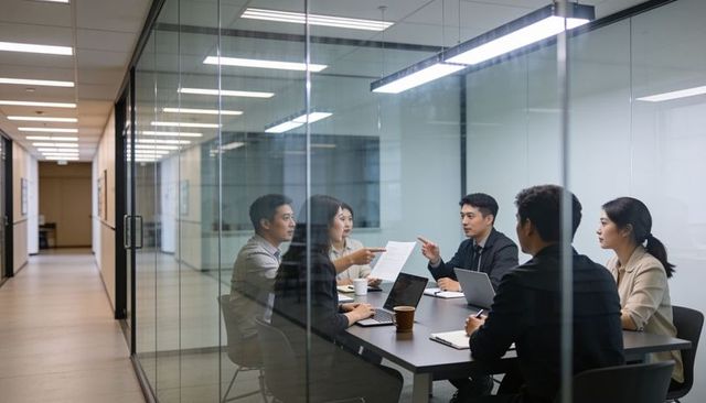 Business team discussing strategy in modern glass conference room with laptops