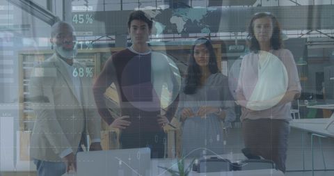 Business team with digital analytics interface in modern office